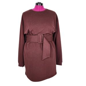 Topshop Brown Cotton Belted Sweatshirt Dress Round Neck Long Sleeve Size 10